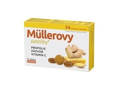 DR. MULLER pastilės gerklei SU PROPOLIU, IMBIERU, VIT. C, 24 PASTILĖS DR. MULLER pastilės gerklei SU PROPOLIU, IMBIERU, VIT. C, 24 PASTILĖS