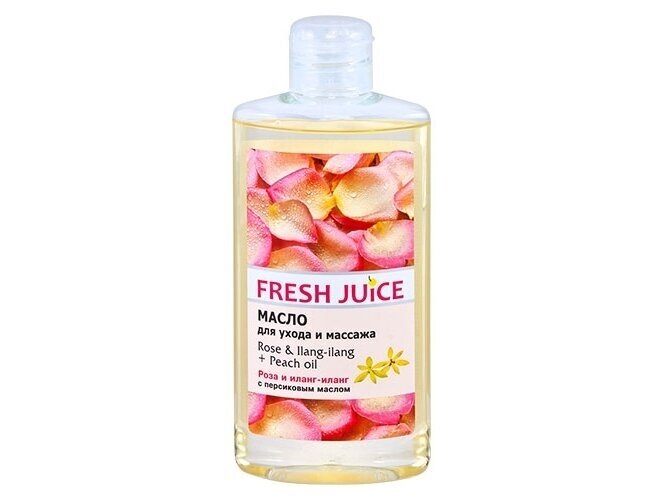 Fresh Juice priežiūros ir masažo aliejus Rožių ir ylang-ylang su persikų aliejumi 150 ml Fresh Juice priežiūros ir masažo aliejus Rožių ir ylang-ylang su persikų aliejumi 150 ml