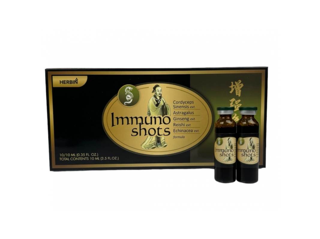 IMMUNO SHOTS Kordicepsas + Kulkšnė + Ženšenis + Reishi+ Ežiuolė, 10 buteliukų