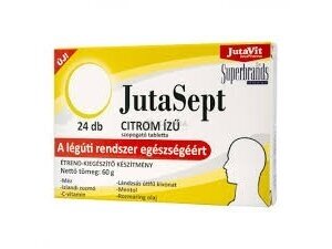 JUTASEPT Citrinų skonio pastilės su islandine kerpena, gysločiu, rozmarinu ir vitaminu C, 24 pastilės JUTASEPT Citrinų skonio pastilės su islandine kerpena, gysločiu, rozmarinu ir vitaminu C, 24 pastilės