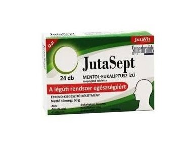 JUTASEPT Mėtų skonio pastilės su mentoliu, eukaliptais, šalavijumi ir vitaminu C 24 pastilės JUTASEPT Mėtų skonio pastilės su mentoliu, eukaliptais, šalavijumi ir vitaminu C 24 pastilės