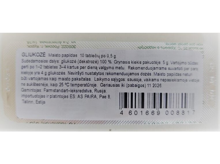 Maisto papildas Gliukoze 10 tab. po 0,5 g.