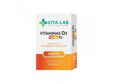 VITA-LAB maisto papildas Vitaminas D3 5000 + K2 200 µg PLUS, N30 VITA-LAB maisto papildas Vitaminas D3 5000 + K2 200 µg PLUS, N30