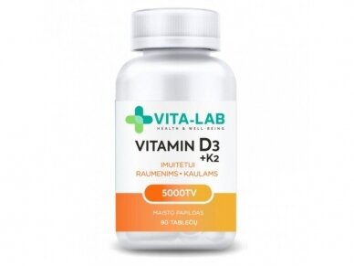 VITA-LAB maisto papildas Vitaminas D3 5000 + K2 200 µg, N90 VITA-LAB maisto papildas Vitaminas D3 5000 + K2 200 µg, N90