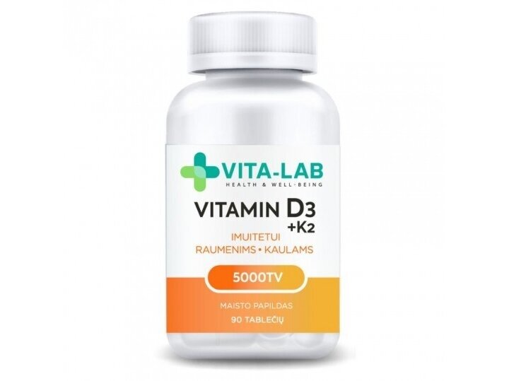 VITA-LAB maisto papildas Vitaminas D3 5000 + K2 200 µg, N90 VITA-LAB maisto papildas Vitaminas D3 5000 + K2 200 µg, N90